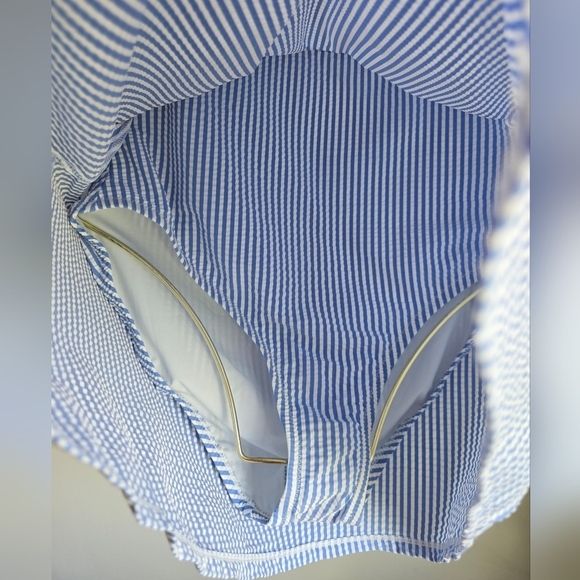 J. Crew, New Blue & White Seersucker Plunging Halter Swim Dress Swimsuit SZ 6 - Picture 4 of 10